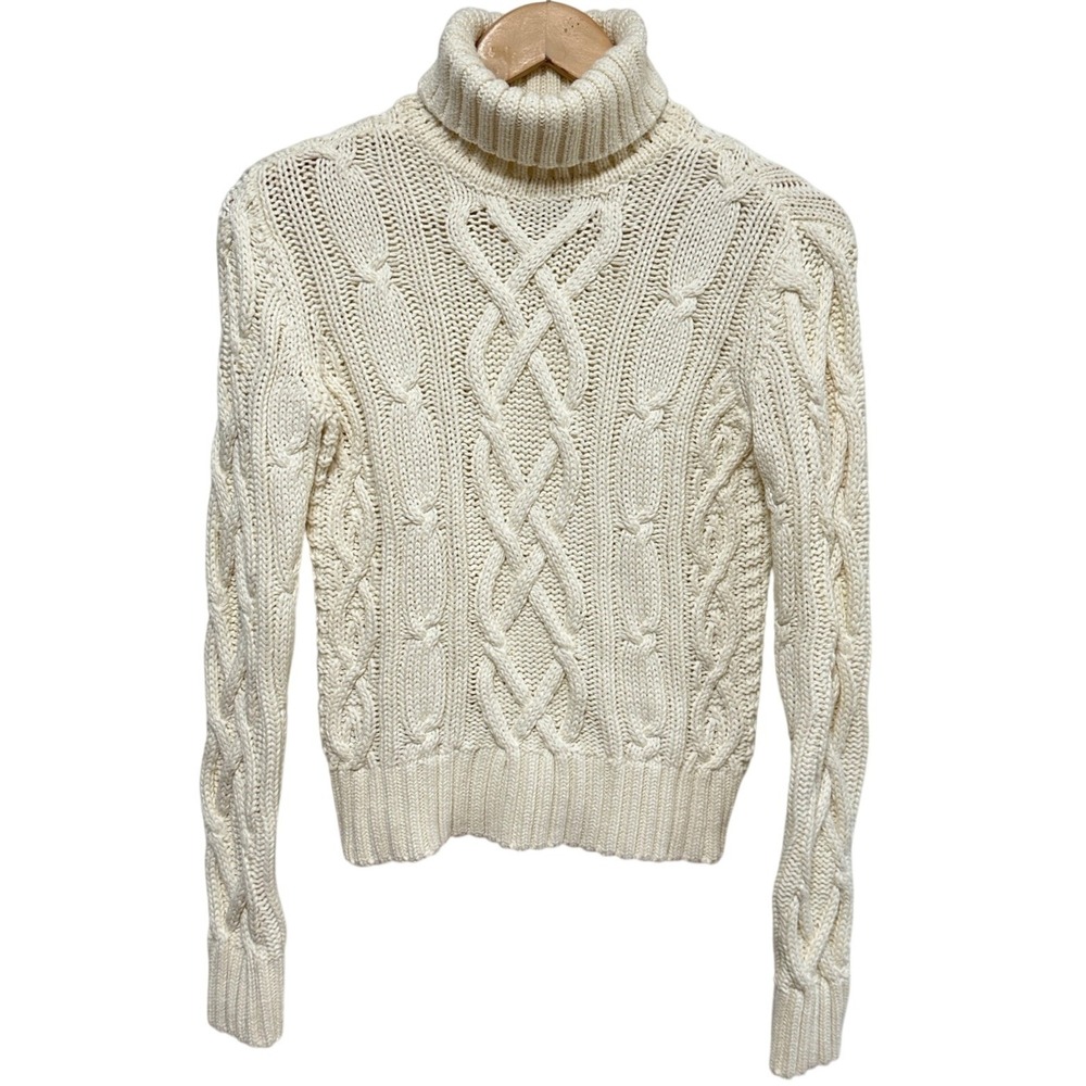 Lands End Drifter Sweater Womens XS Ivory Cable Knit Chunky Cotton Fisherman